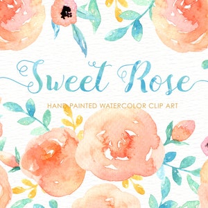 Clipart d’aquarelle Sweet Rose, couronne, branche, fleurs aquarelles, invitation de mariage, carte de vœux, clip art diy, printemps, rose et bleu