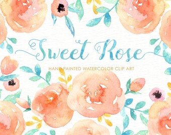 Sweet Rose Watercolor clipart, wreath, branch, watercolor flowers, wedding invitation, greeting card, diy clip art, spring, pink and blue
