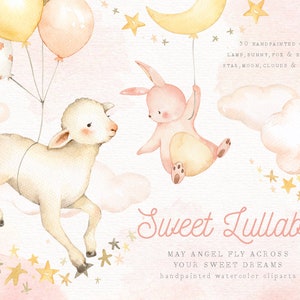 Sweet Lullaby Aquarelle Clip Art, Bunny Clipart, Lune, Woodland Animals, Kids Clipart, Nursery Decor, Star, Kids Art, Lamb Fox, Nursery Art