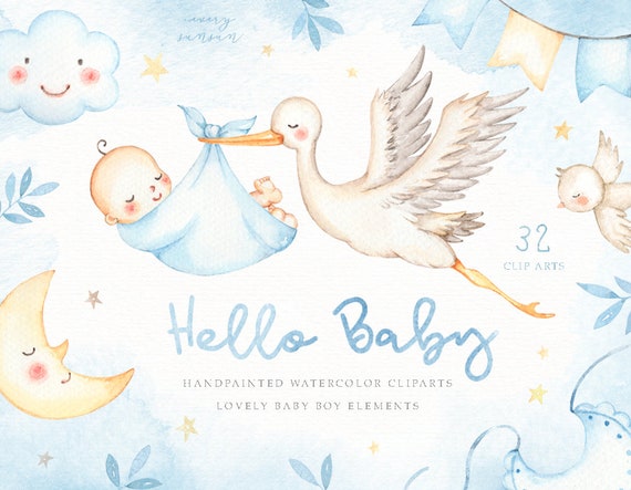 Hello Baby Blue Watercolor Clip Arts, Stork Carrying Baby, Moon