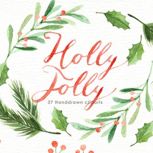 Holly Jolly Watercolor Christmas Clipart, Holiday Winter Set, Christmas Card, Santa Claus, New Year clipart, decorations, Greeting card