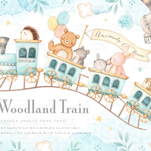 Clipart de aquarela de trem da floresta, animais fofos, animais da floresta, clipart infantil, decoração de berçário, arte infantil, arte de berçário, trem de brinquedo, azul