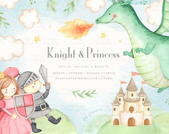 Knight & Princess Watercolor Clip Arts, Dragon, Castle, Fairy Tale, Kids Clipart, Nursery Decor, Nursery Watercolor Cliparts, Bedtime Story