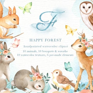 Happy Forest Watercolor Clip Art, Animali del bosco, Clipart per bambini, Clipart Boho, Decorazione per l'infanzia, Animale con corona di fiori, scoiattolo coniglio cervo