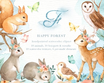 Happy Forest Watercolor Clip Art,Woodland Animals, Kids Clipart,Boho Clipart, Nursery Decor, Animal with flower crown, deer rabbit squirrel