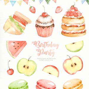 May include: Watercolor illustration of a birthday party theme. Includes a sandwich, cupcake, layered cake, watermelon slice, apple slices, cherry, and macarons. Colorful bunting flags are at the top. The words "Birthday Party" are written in cursive.