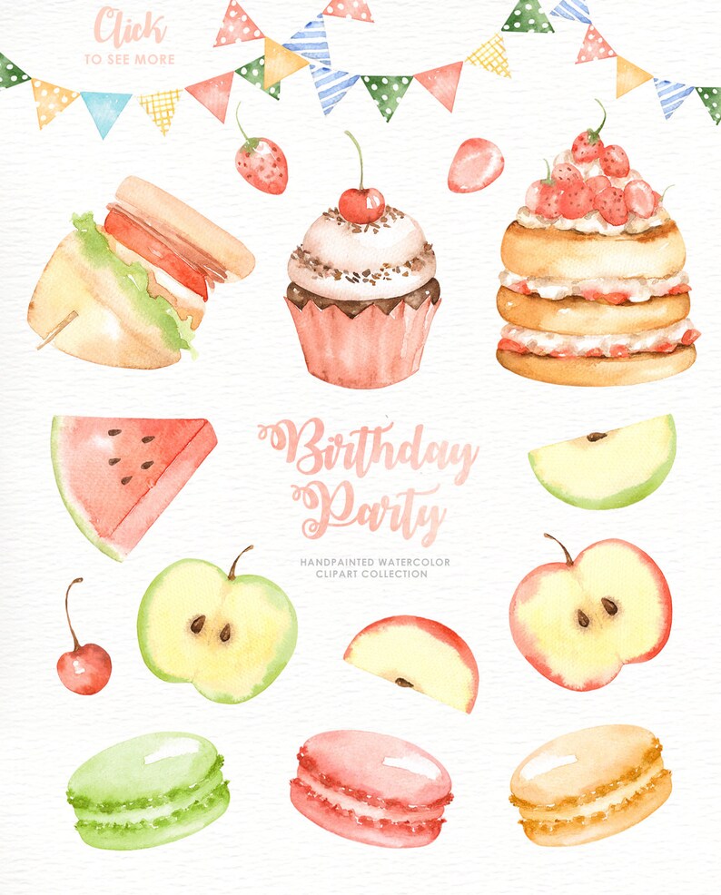 May include: Watercolor illustration of a birthday party theme. Includes a sandwich, cupcake, layered cake, watermelon slice, apple slices, cherry, and macarons. Colorful bunting flags are at the top. The words "Birthday Party" are written in cursive.
