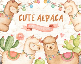 Cute Alpaca Lama Watercolor Clip Art, Boho Clipart, Watercolor Animals, Tropical, Cactus, Baby Shower, Wedding, Nursery Animals, Cactus