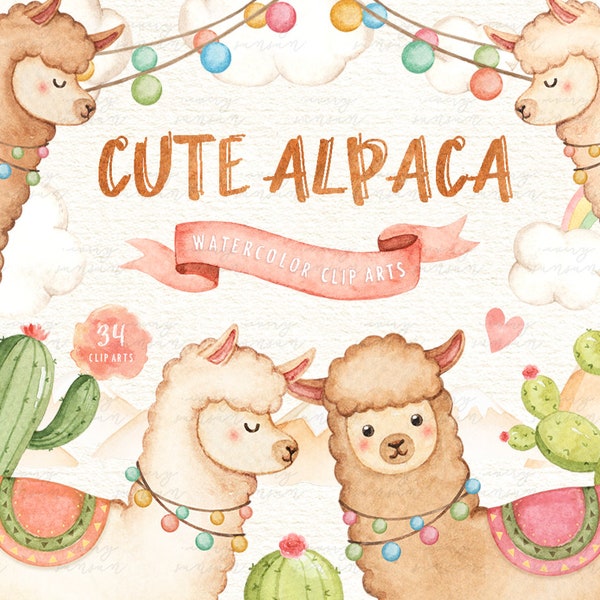 Cute Alpaca Lama Watercolor Clip Art, Boho Clipart, Watercolor Animals, Tropical, Cactus, Baby Shower, Wedding, Nursery Animals, Cactus