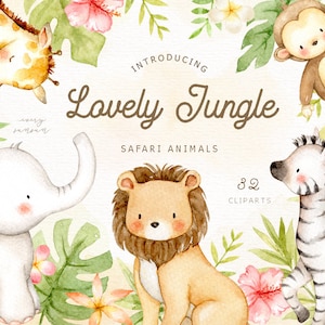 Lovely Jungle Watercolor Clip Art, Safari Animal, Woodland Animals, Kids Clipart, Boho Clipart, Nursery Decor, Nursery Clipart, Tropical