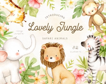 Lovely Jungle Watercolor Clip Art, Safari Animal, Woodland Animals, Kids Clipart, Boho Clipart, Nursery Decor, Nursery Clipart, Tropical