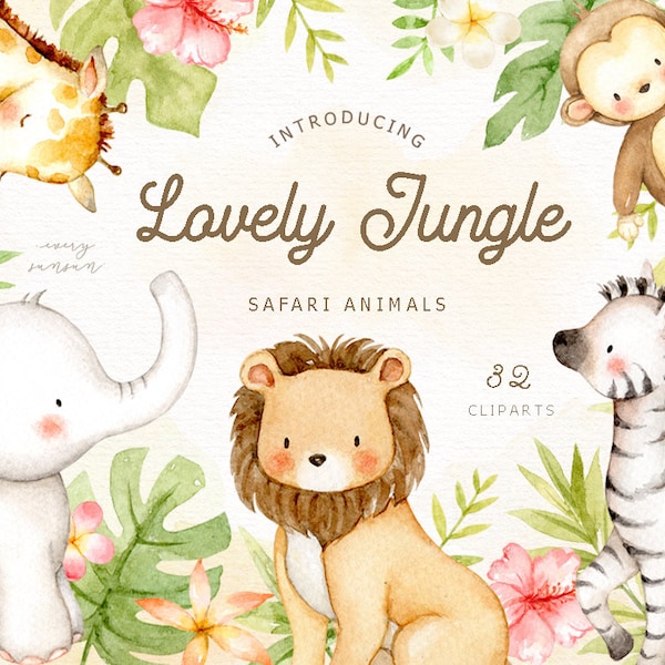 Lovely Jungle Watercolor Clip Art, Safari Animal, Woodland Animals, Kids Clipart, Boho Clipart, Nursery Decor, Nursery Clipart, Tropical