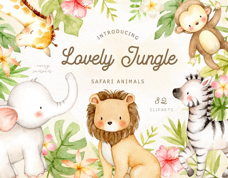 Lovely Jungle Watercolor Clip Art, Safari Animal, Woodland Animals, Kids Clipart, Boho Clipart, Nursery Decor, Nursery Clipart, Tropical image 1