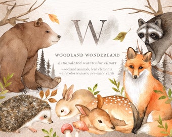 Woodland Wonderland Watercolor Clip Art, Woodland Animals, Kids Clipart,Boho Clipart, Nursery Decor, Animals clipart, fox deer rabbit bear