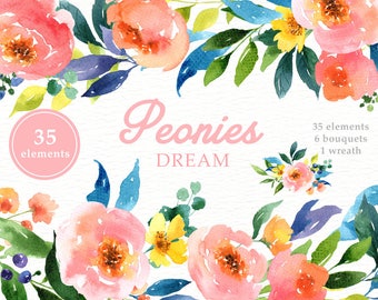 Peonies Dream Watercolor Clipart, Peony, Pink blush, wedding invitations, wedding clipart,beautiful bouquet, washy watercolour, pink florals