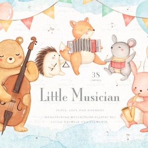 Kleiner Musiker Aquarell Clip Arts, Waldtiere, Kinder Clipart, Musikinstrumente, Kinderzimmer Dekor, Waldfreunde, Bär Fuchs Eichhörnchen