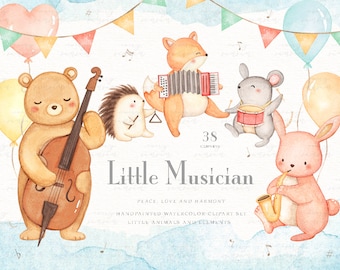 Little Musician Watercolor Clip Arts, Woodland Animals, Kids Clipart, Music Instruments, Nursery Decor, Forest Friends, Bear Fox Squirrel