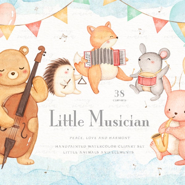 Little Musician Watercolor Clip Arts, Woodland Animals, Kids Clipart, Music Instruments, Nursery Decor, Forest Friends, Bear Fox Squirrel