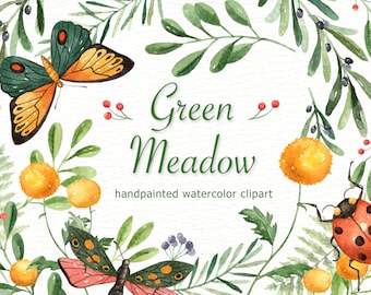 Green Meadow Watercolor clipart, watercolor leaf, wedding clipart, fern art, green leaf, woodland florals, diy, botanical plants, clip art