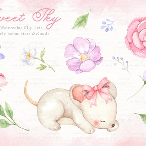 Sweet Sky Watercolor Clip Arts, Stars, Moon, Baby Girl Clipart, Kids Clipart, Nursery Decor, Girl Room, Nursery Art, Watercolor Flowers Pink image 3