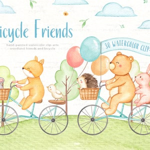 Vélos Amis Aquarelle Clip Arts, Animaux mignons, Animaux des bois, Enfants Clipart, Décor de pépinière, Enfants Art, Pépinière Art, Clipart urbain
