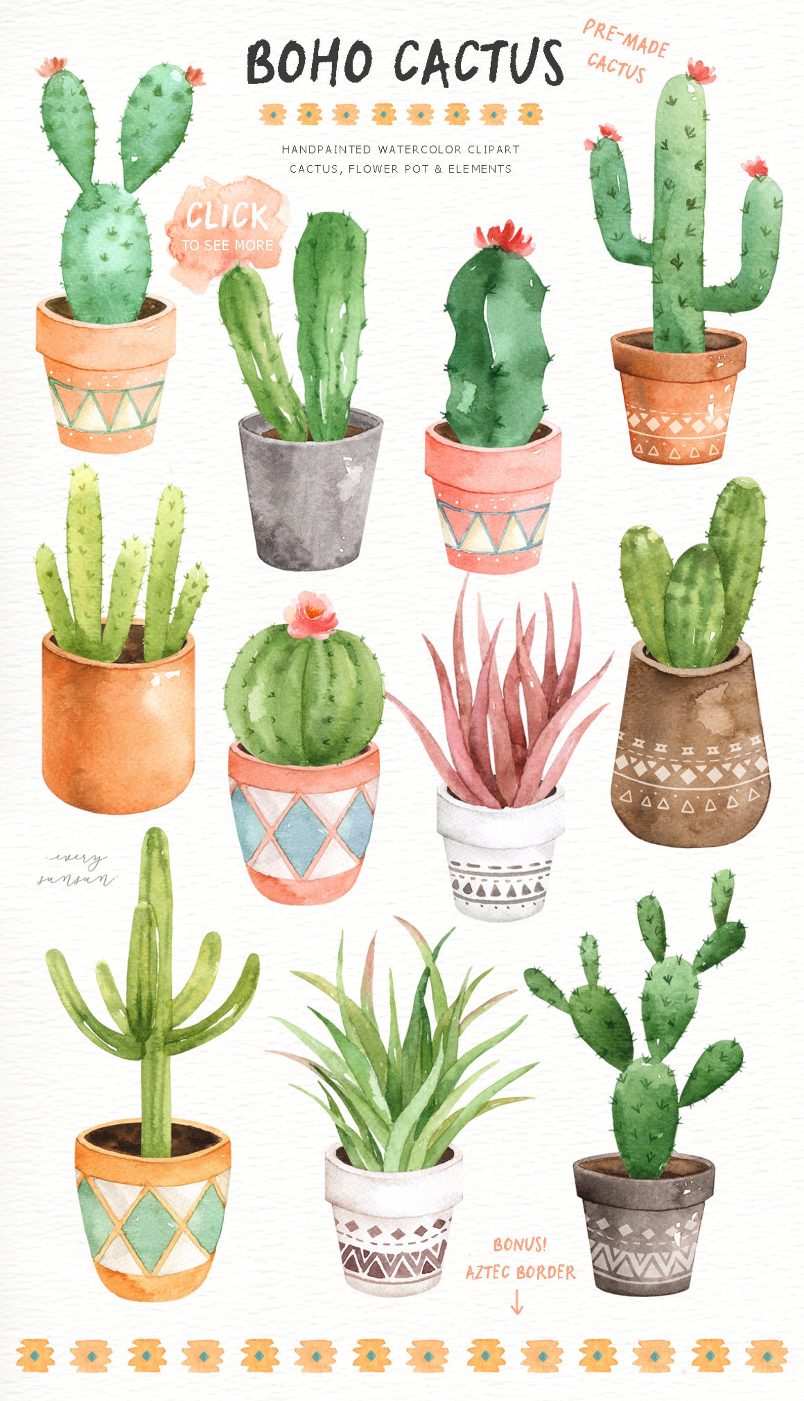 Boho Cactus Watercolor Cliparts Boho Clipart Botanical | Etsy