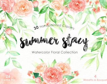 Summer Stacy Watercolor clipart, Romantic wedding, mint green, tender green branches, wedding invitation, peonies, rose flowers, DIY, floral