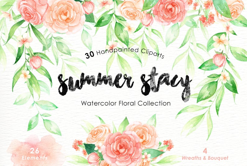 Summer Stacy Watercolor clipart, Romantic wedding, mint green, tender green branches, wedding invitation, peonies, rose flowers, DIY, floral image 1