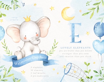 Lovely Blue Elephants Watercolor Clip Art, Elephant Clipart, Moon, Woodland Animals, Kids Clipart, Nursery Decor, Star, Kids Art,Nursery Art