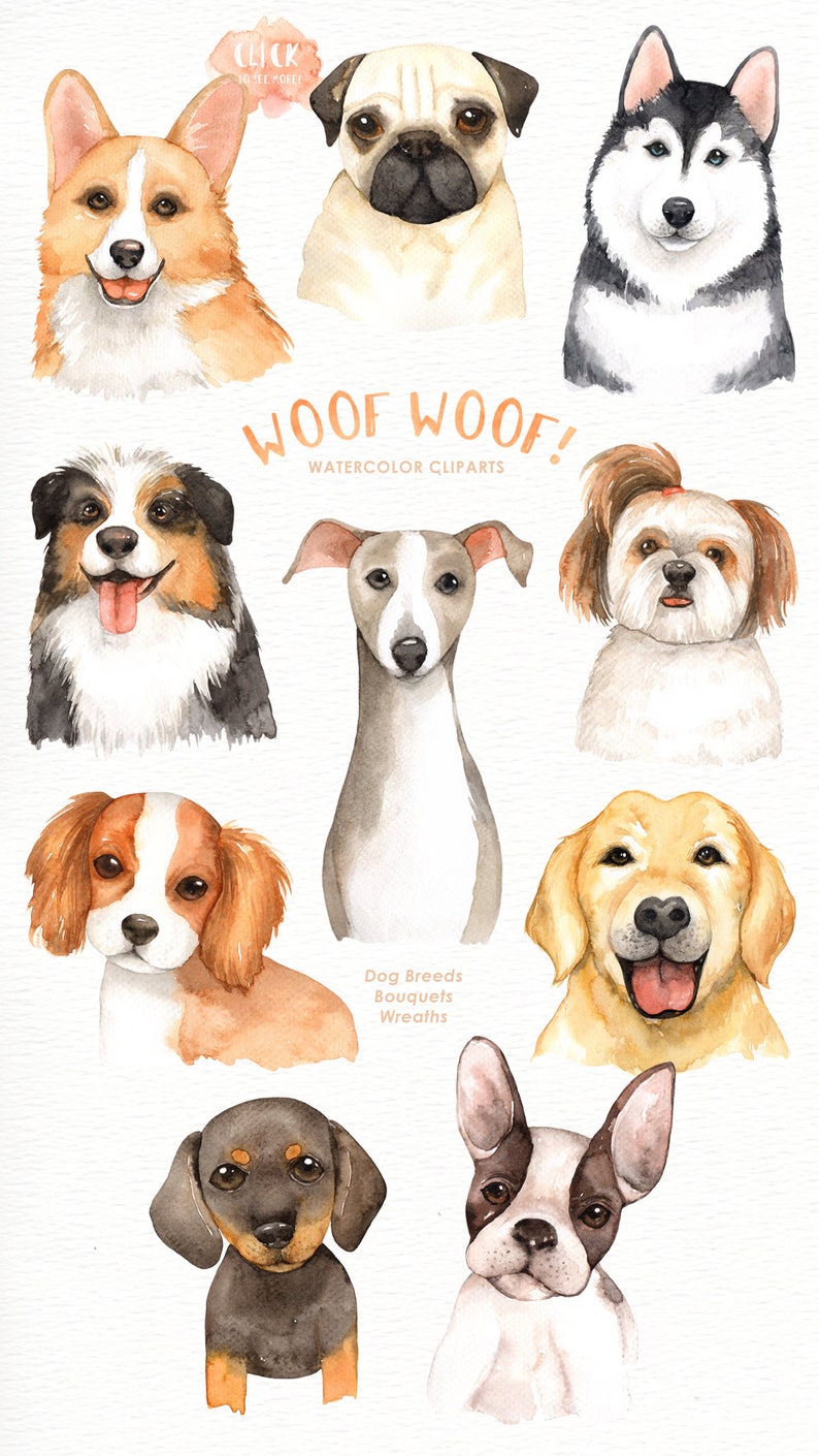Woof Woof Dogs Lover Cliparts, Woodland Animals, Kids Clipart,Dog Clipart, Nursery Decor, Animal with flower crown, pug, dog breeds, puppy image 2