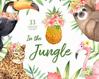 In the Jungle Watercolor Clipart, Woodland Animals, Kids Clipart, Nursery Decor, Watercolor Leaf, Wedding Clip Art, Tropical Clipart, Sloth