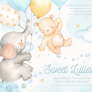 Sweet Lullaby V.2 Clip Art em aquarela, clipart de elefante, lua, animais da floresta, clipart infantil, decoração de berçário, estrela, arte infantil, arte de berçário