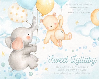 Sweet Lullaby V.2 Watercolor Clip Art, Elephant Clipart, Moon, Woodland Animals, Kids Clipart, Nursery Decor, Star, Kids Art, Nursery Art