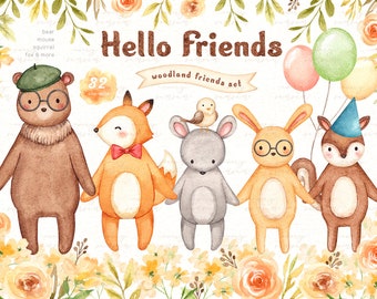 Hello Friends Woodland Animals Set, Watercolor Animals, Kids Clipart, Boho Clipart, Nursery Decor, Watercolor Flowers, Fall Floral, Bear Fox