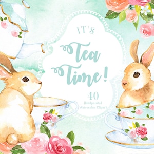 It's Tea Time! Watercolor Cliparts, Bunny Clipart, Tea Party, Tea, Woodland Animals, Kids Clipart, Wedding invitation, Flower clipart