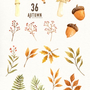 Autumn Leaf Watercolor Clipart, Wreath, Mushroom, Commercial Use, DIY, Hand Painted, Watercolour, Thanksgiving, Fall Leaves, Fall Foliage image 2