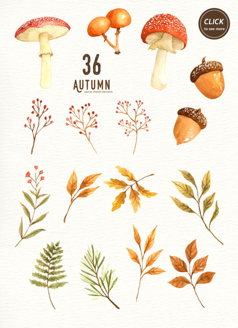 Autumn Leaf Watercolor Clipart, Wreath, Mushroom, Commercial Use, DIY, Hand Painted, Watercolour, Thanksgiving, Fall Leaves, Fall Foliage image 2