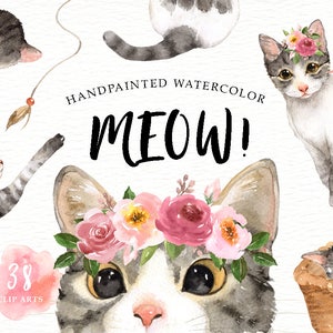 Meow Cat Lover Watercolor Cliparts, Woodland Animals, Kids Clipart,dog