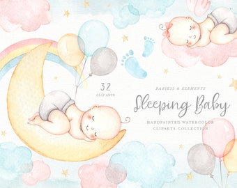 Sleeping Baby Watercolor Clip Arts, Baby Shower, Kid Illustrations, Baby Clipart, Kids Clipart, Nursery Decor, Nursery Room, Nursery Art,Boy