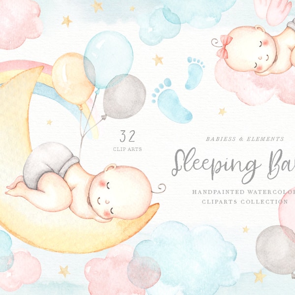 Sleeping Baby Watercolor Clip Arts, Baby Shower, Kid Illustrations, Baby Clipart, Kids Clipart, Nursery Decor, Nursery Room, Nursery Art,Boy