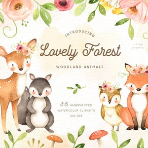 Lovely Forest Watercolor Clip Art, Animales del bosque, Clipart para niños, Clipart Boho, Decoración de vivero, Animal con corona de flores, Mapache zorro ciervo