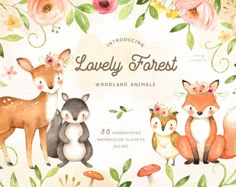 Lovely Forest Watercolor Clip Art, Woodland Animals, Kids Clipart, Boho Clipart, Nursery Decor, Animal with flower crown, Deer Fox Raccoon