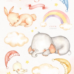 Sweet Dreams Watercolor Clip Art, Elephant, Bunny, Bird, Moon, Woodland Animals, Kids Clipart, Nursery Decor, Star, Kids Art, Nursery Art image 2