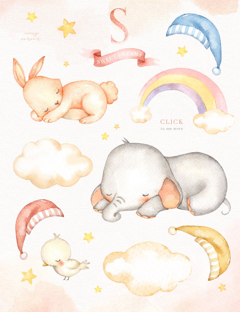 Sweet Dreams Watercolor Clip Art, Elephant, Bunny, Bird, Moon, Woodland Animals, Kids Clipart, Nursery Decor, Star, Kids Art, Nursery Art image 2