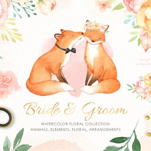 Novia & novio acuarela Imágenes prediseñadas, clipart de la boda, animales del bosque, imágenes prediseñadas del zorro, decoración del vivero, acuarela pastel, ducha de la novia, flor