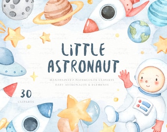 Little Astronaut Watercolor Clip Arts, Galaxy, UFO, Planet, Baby Boy Clipart, Kids Clipart, Nursery Decor, Boy Room, Nursery Art,Baby Shower