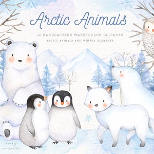 Arctic Animals Aquarelle Clip Arts, Ensemble d’hiver des Fêtes, Animaux polaires, Animaux des bois, Décor de pépinière, Nouvel An, Carte de vœux, Noël