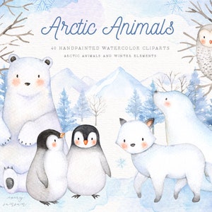 Arctic Animals Watercolor Clip Arts, Holiday Winter Set, Polar Animals, Woodland Animals, Nursery Decor, New Year, Greeting card, Christmas