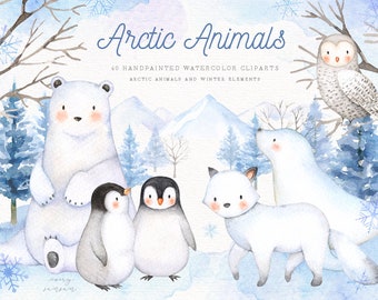 Arctic Animals Watercolor Clip Arts, Holiday Winter Set, Polar Animals, Woodland Animals, Nursery Decor, New Year, Greeting card, Christmas