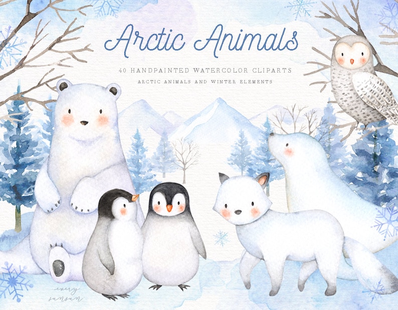 Arctic Animals Watercolor Clip Arts, Holiday Winter Set, Polar Animals, Woodland Animals, Nursery Decor, New Year, Greeting card, Christmas image 1